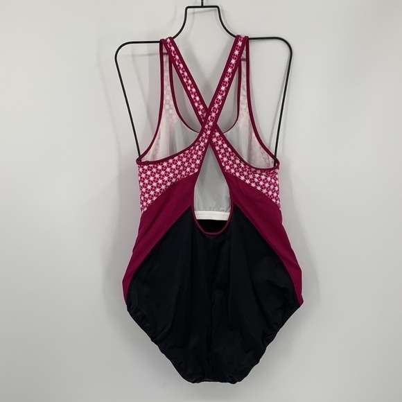 Lands End one-piece tank swimsuit colorblock pink black swim x-back new 16 - Picture 2 of 4